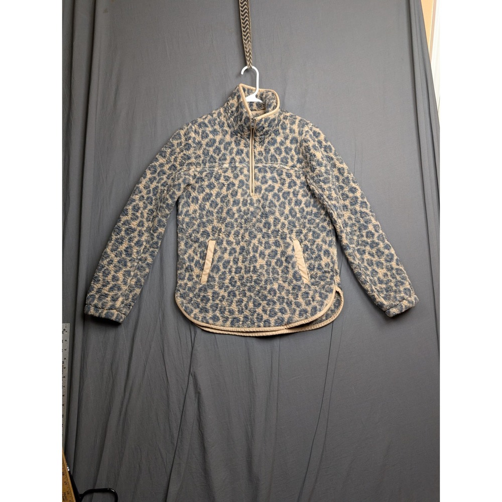 Abercrombie & Fitch Soft AF Leopard Sherpa Fleece 1/4 Zip Pullover Blue Tan S